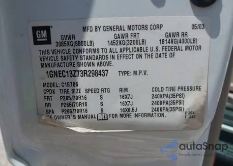 2003 Chevrolet Tahoe Lt from USA, damaged, VIN 1GNEC13Z73R298437